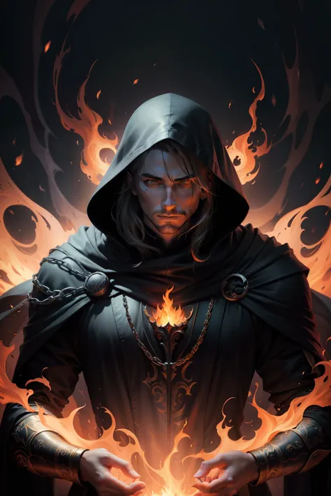 photo, portrait, floating god on fire, hooded, A prince cursed by the void, cinematic lighting, detailed background, centered, stylized, insanely detailed, high definition, concept art, digital art, vibrant