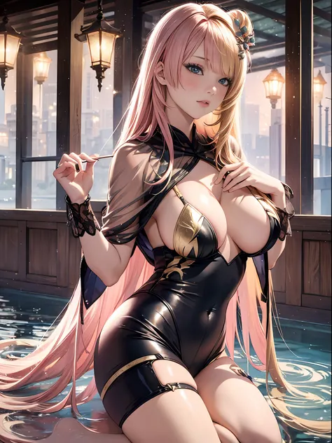 （Enrich the picture，Masterpiece level quality）Beautiful 8K CG artwork，Goddess-like posture，sittinng on the river，Postural exercises，Slim and soft，Translucent skin，Golden-pink hair、The beauty of extra-long hair, Super Long Straight Hair，The skin is fair and...