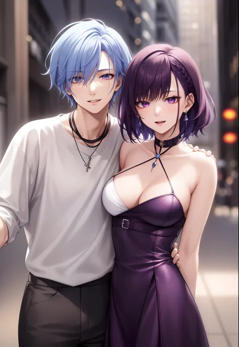 masterpiece, top-quality, 2Others, Male couple, 1 man and 1,, Adults, Height difference, different fashion, different color, finely eye and detailed face, intricate detailes, Casual clothing, Oversized shirt, Modern urban streets, A smile, Happiness, tend...