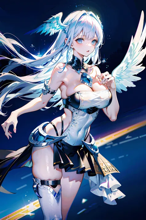 silber hair，long whitr hair，8k wallpaper，detailedbackground，Highest high resolution，deep v big breasts，Bandeau，chies，angelicales，tight-fitting，stocklings，feater，Wings，Skysky，borgar，