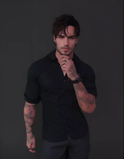 Homem com tatuagens e camisa preta posando para foto, inspirado em Aleksander Gine, inspirado em Ludovit Fulla, inspirado em Sebastian Vrancx, inspirado em Vadym Meller, Christian, inspirado em Maximilian Cercha, inspirado em Dicky Doyle, inspirado em Luca...