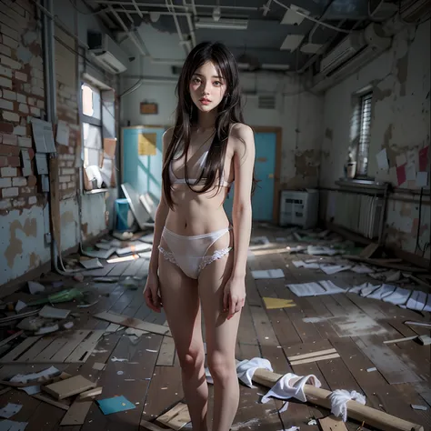 Abandoned schools，Sexy standing pose，Full body portrait 1.1，18-year-old high model，Random white transparent small size underwear and panties，lean and slender body，As thin as a whipping post，Skinny，The barefoot，Random nudity throughout the body1.1，(Random e...