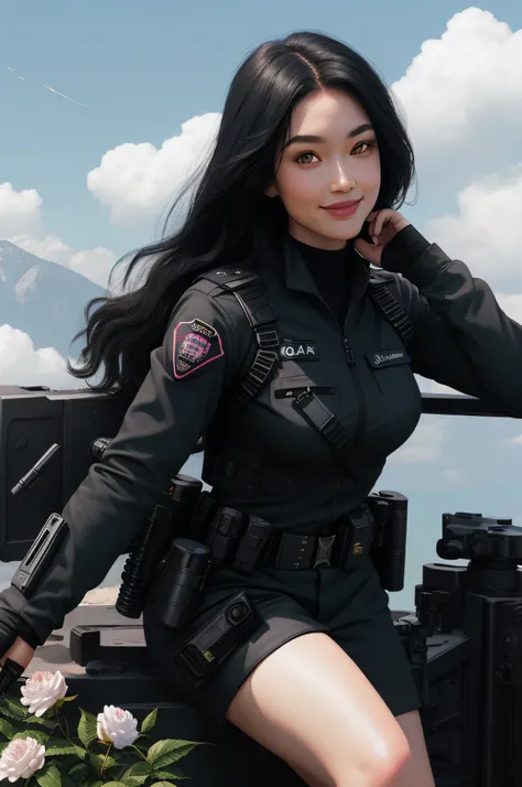 Female SWAT，Asia face，An affectionate smile，Square face close-up fill light，Long black hair，Black police uniform，Armed with a firearm，helicopter，Full body photo（Real Human）Natural realism，Firearms in hand，ln the forest，peony flower，camelliamix，Rose flower，...