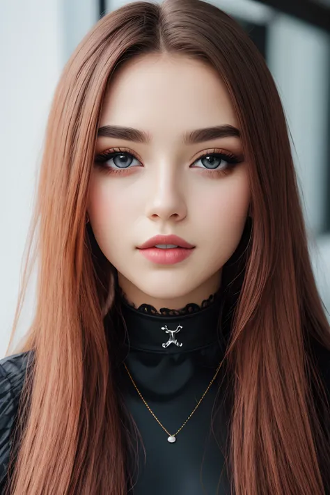 choker, eyes, eyeshadow, pupils, eyebrows, nose, lips, teeth, face, hair, long hair, 1girl, solo