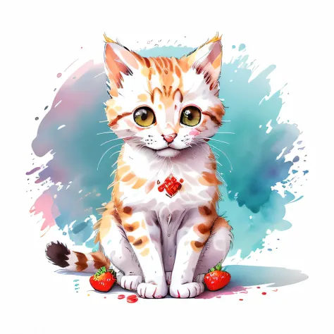 circular design, logo art, (cat design with strawberry),(on the table), fantasy, colorful, vintage,  charming: white background, lowbrow art, digital illustration, radiant; gouache, 16k, minimalistic, doodle, CGSociety, solarpunk, crispy quality, sharp, br...