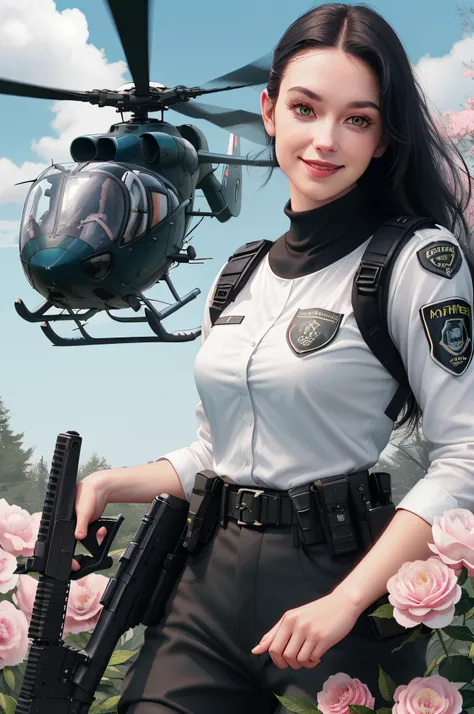 Female SWAT，An affectionate smile，Square face close-up fill light，Long black hair，Black police uniform，Armed with a firearm，helicopter，Full body photo（Real Human）Natural realism，Firearms in hand，ln the forest，peony flower，camelliamix，Rose flower，lakes，with...