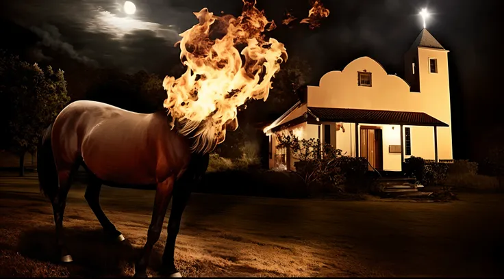 There is a horse that is standing in the grass with a fire on its head, muito surreal, Casa em chamas, fire-breathing, fires!! hiper-realista, creative photo manipulation, engolfado pelas chamas, surreal!!!, perfeitamente realista, mas surreal, arte linda,...