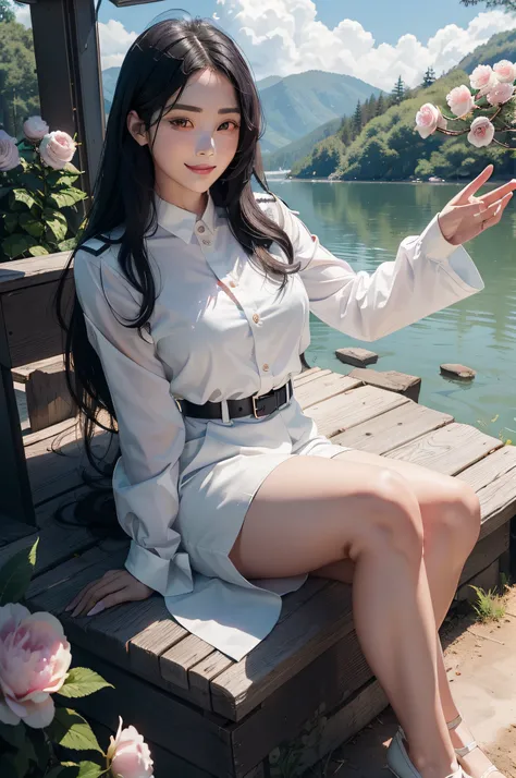 Female SWAT，An affectionate smile，Square face close-up fill light，Long black hair，Black police uniform，Full body photo（Real Human）Natural realism，ln the forest，peony flower，camelliamix，Rose flower，lake water，helicopter，with blue sky and white clouds，perfec...