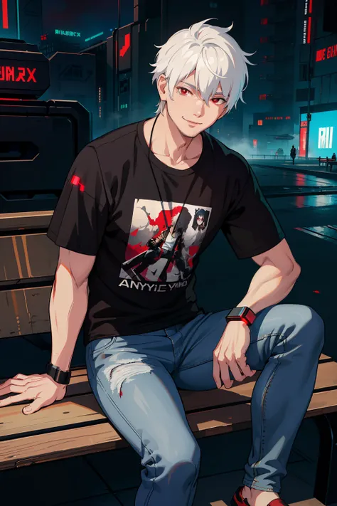 masterpiece, high quality, best quality, beautiful, hd, realistic, perfect lighting, detailed face, detailed body, 1 man, (white hair), red eyes, manly, (brutal), black t-shirt, jeans, sitting on a bench,  ((cyberpunk)), (fog), smile