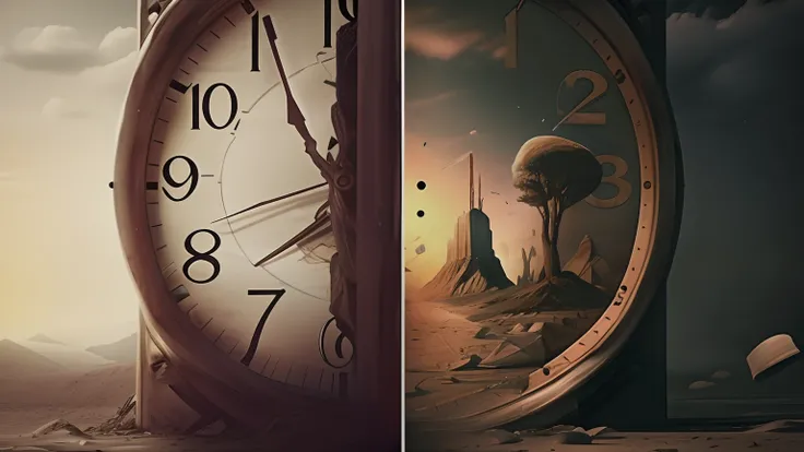 There are two images of a clock that are in the desert, time does not exist anymore, Cyril Rolando e Goro Fujita, inspirado em Cyril Rolando, Cyril Rolando e M.w kaluta |, Cyril Rolando e M. w kaluta |, Surrealismo 4K, Tema Viagem no Tempo, time is running...