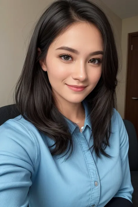 smiling woman sitting in a chair with a blue shirt and black jacket, selfie of a young woman, 8k selfie photograph, 30 years old woman, 3 0 years old woman, without makeup, she is facing the camera, portrait shot 8 k, selfie shot straight on angle, face pi...