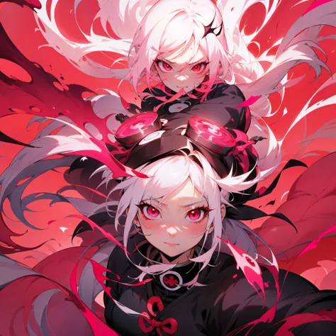 a cartoon image of a anime girl with white hair and red eyes with a pink background, artwork in the style of guweiz, and a bright face, detailed digital anime art, vibrant fan art, demon slayer artstyle,