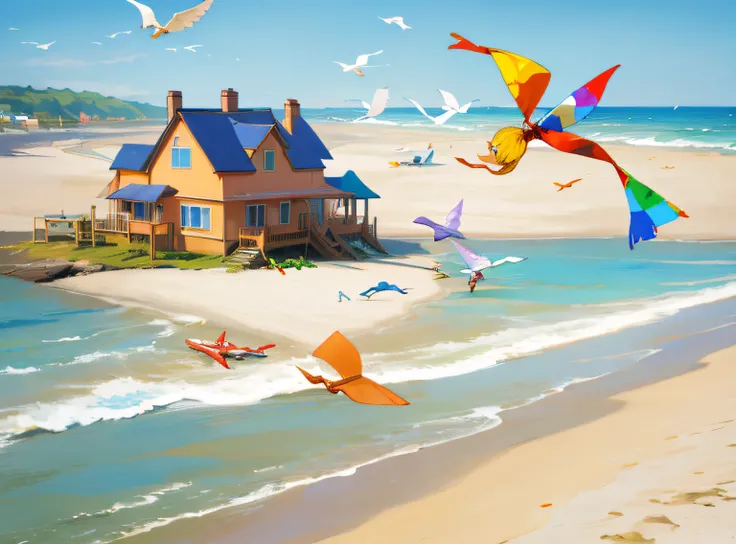 painting of a house on the beach with kites flying in the air, kites, julie dillon, rob mcnaughton, by Patrick Brown, by Howard Lyon, whimsical art, by Richard Mayhew, windy day, windy beach, by Doris Blair, by Don Reichert, by Carol Bove, by Randy Gallego...