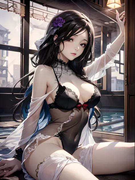 （Enrich the picture，Masterpiece level quality）Beautiful 8K CG artwork，Goddess-like posture，sittinng on the river，Postural exercises，Slim and soft，Translucent skin，black color hair、The beauty of extra-long hair, Super Long Straight Hair，The skin is fair and...