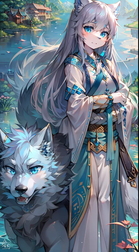 Jiangnan Water Town，Big-tailed wolf，blue color eyes，Gray hair，long whitr hair