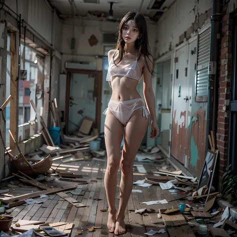 abandoned building，Sexy standing pose，Full body portrait 1.1，18-year-old girl，Random white transparent small underwear and panties，lean and slender body，As thin as a whipping post，Skinny，The barefoot，Random nudity throughout the body1.1，(Random exposure of...