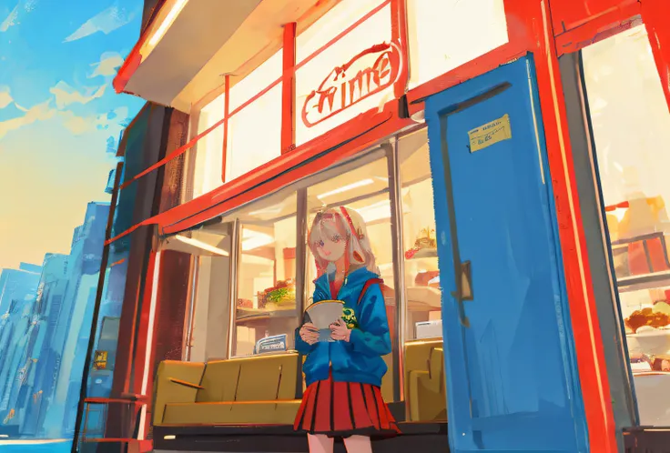 White hair hair，teens girl，orthofacial，ssmile，Red skirt，The character is inside the family restaurant，super detailing，The setting is in the middle of the city，The time is sunset