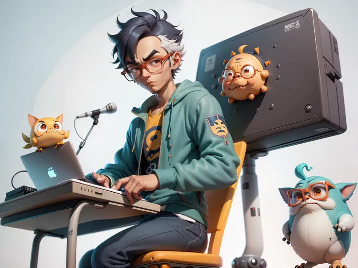 A young man with glasses sits at his desk，holding laptop，digitial painting，3D character design by Mark Clairen and Pixar and Hayao Miyazaki and Akira Toriyama，4K HD illustration，Very detailed facial features and cartoon-style visuals。