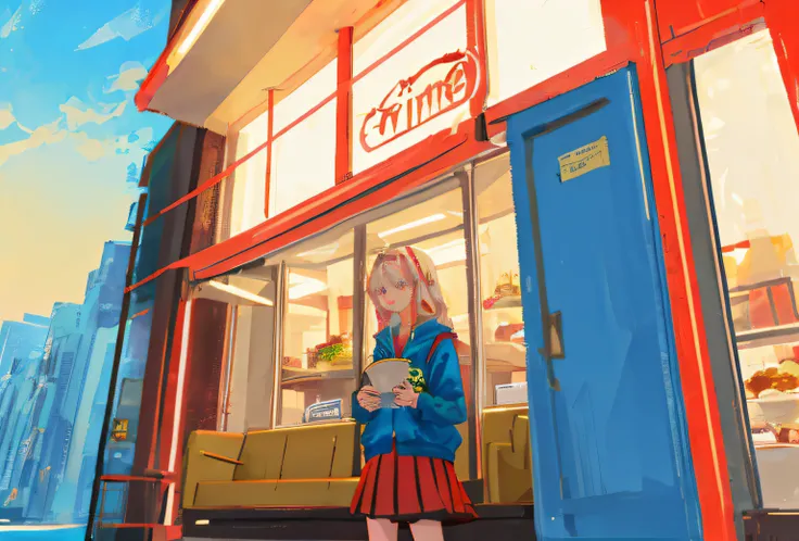 White hair hair，teens girl，orthofacial，ssmile，Red skirt，The character is inside the family restaurant，super detailing，The setting is in the middle of the city，The time is sunset