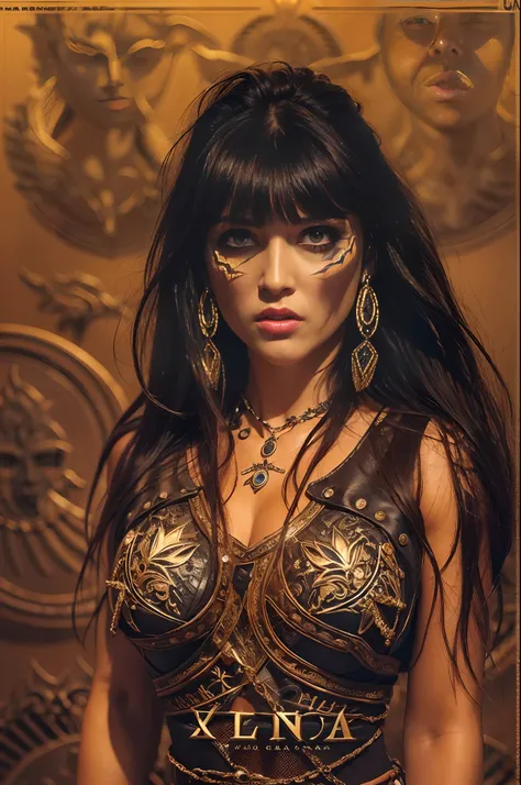 Una mujer vestida como Xena, The warrior princess and with a strange style of hair and makeup, Pose for the cover of a rock metal album. (La mejor calidad)  obra maestra (pechos grandes) ((cabello rubio)) (cuerpo delgado)