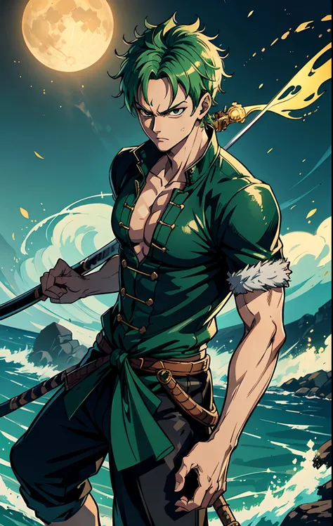 ((masterpiece)), best quality, high quality, ((extremely detailed CG unity 8k wallpaper)),(fantasy), a cartoon image of zoro a male with green hair from one piece looking battleready. one sword is in his mouth and one sword is in each hand, standing on a b...