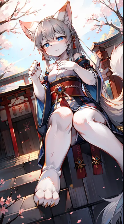 Cherry blossom forest，Big-tailed wolf，blue color eyes，Gray hair，long whitr hair，shrine maiden clothe