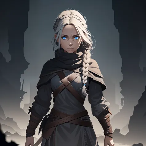 Viking girl, blue eyes, blind braided hair, short grey and brown cloths, warrior and worker look,stand in middle, a shadow figure behind her like scorn. Abstract, minimalist style, vector art, 2d game art. Illustration.