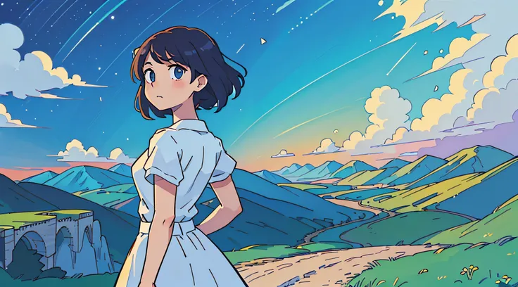 (melhor qualidade: 0.8), (melhor qualidade: 0.8), Perfect anime illustration, a beautiful woman standing on her back looking at a beautiful landscape behind her