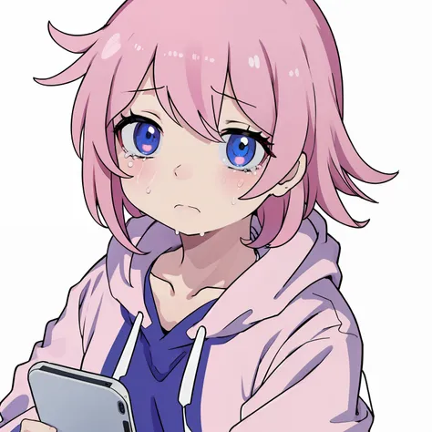 anime girl, short pink hair, blue eyes , pink hoodie, choker, using a phone, crying, white background