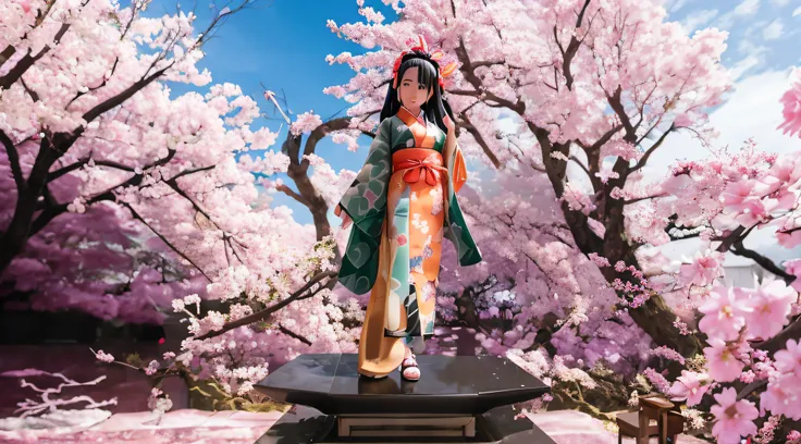 anime figurine of a woman in a kimono outfit standing on a pedestal, haruno sakura, sakura haruno in slug sage mode, anime figurine, nezuko-chan, anime figure, nezuko, pop up parade figure, rin, sakura haruno, detailed image, ehime, heian, hinata hyuga, ka...