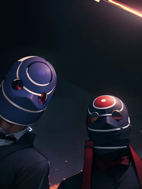 Two men in white masks，Wear dark blue，The glasses are red，One purple