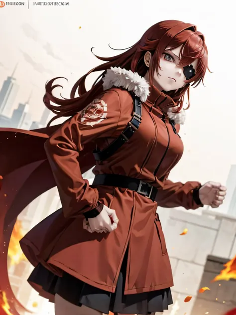 an anime girl wearing red clothes, wearing a red overcoat. on her face, she wears an eye patch. fiery red hair