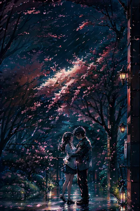 Lovers in the rain, Beautiful scene, masutepiece, of the highest quality, High quality, Highly detailed CG, 8K Wallpaper, Art Station, Digital Illustration, Art Station Trends, high detailing, Dramatic, 8K, 16 K, of the highest quality, motion angles, Cine...