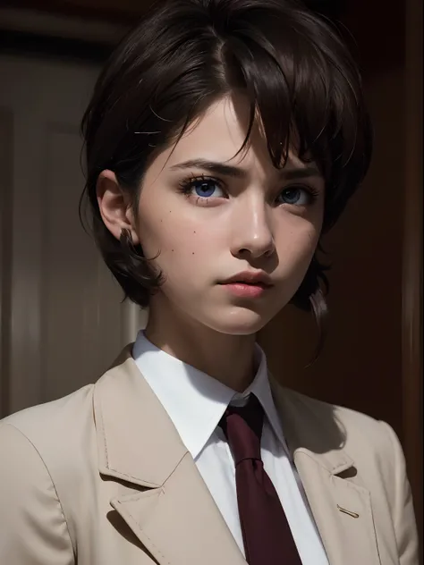 ((Masterpiece)), (high resolution:1.4), (standing:1), (close up:1.2), 1girl, irene vincent, 1girl, short hair, black hair, bangs, sidelocks, blue eyes, looking at viewer, dark skin, large breasts, collared shirt, white shirt, red necktie, brown jacket, lon...