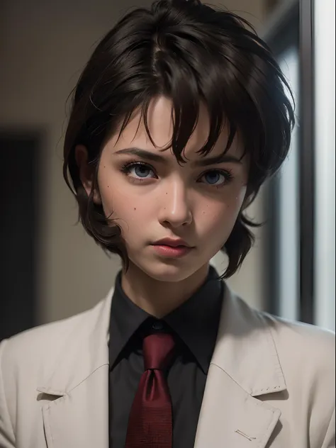 ((Masterpiece)), (high resolution:1.4), (standing:1), (close up:1.2), 1girl, irene vincent, 1girl, short hair, black hair, bangs, sidelocks, blue eyes, looking at viewer, dark skin, large breasts, collared shirt, white shirt, red necktie, brown jacket, lon...