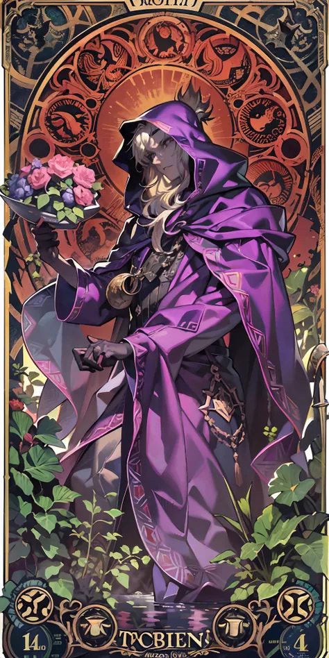 mordred，Rebellious son of King Arthur，The Evil Prince，male people，Avalon traitor，The Dark Knight，Gloomy atmosphere，Black smoke，Cthulhu，Gothic flower stand，Purple decorative panels， abstract artistic， Alphonse Mucha （tmasterpiece， best qualtiy， A high resol...