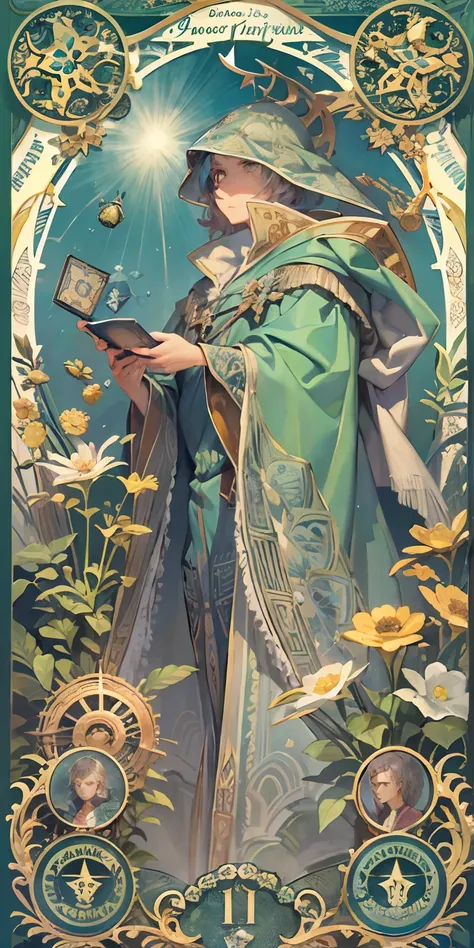 merlin，Juvenile image，The wizard of Avalon, Court magician，Magic robes，Time magic，Flower frame，Blue decorative panels， abstract artistic， Alphonse Mucha （tmasterpiece， best qualtiy， A high resolution： 1.4）， A detailed， Complicated details， 4K， Color splatt...