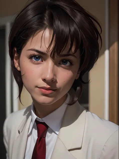 ((Masterpiece)), (high resolution:1.4), (standing:1), (close up:1.4), smile, 1girl, irene vincent, 1girl, short hair, black hair, bangs, sidelocks, blue eyes, looking at viewer, dark skin, large breasts, collared shirt, white shirt, red necktie, brown jack...