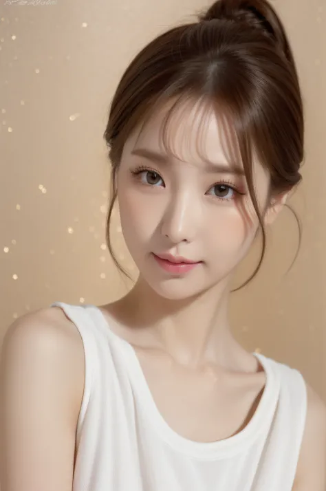 a close up of a woman with a ponytail and a white shirt, popular south korean makeup, cute round slanted eyes, cute natural face, big round cute eyes, with cute doting eyes, round and well-drawn eyes, clear cute face, wan adorable korean face, realistic be...