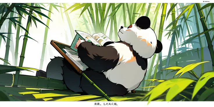 With his back against bamboo, the cute panda is reading a book Manga photo version