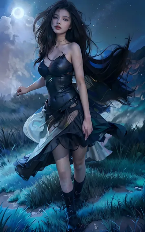 A beautiful dark haired woman walks through an expansive field of dreams, digital painting,  digital illustration,  extreme detail,  digital art,  4k,  ultra hd, by Michael Garmash, Ben Bauchau