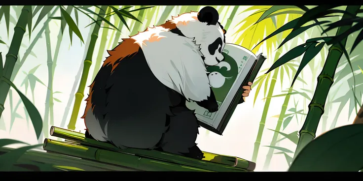 With his back against bamboo, the cute panda is reading a book Manga photo version