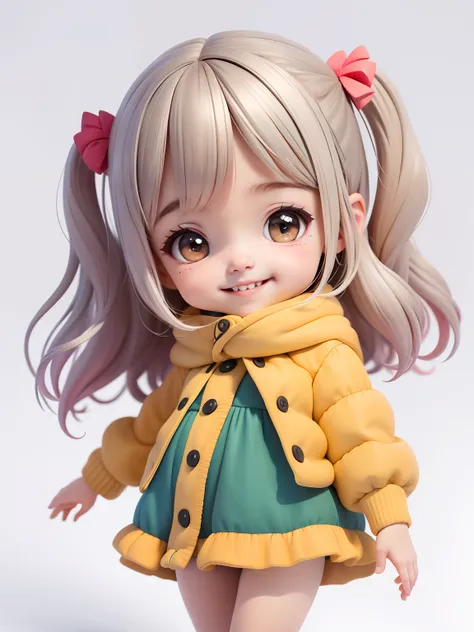 Baby loli menina, fofa, sorrindo, hand on her chin, piscando, roupas de inverno, sorriso claro, corpo inteiro, cabelo moderno e preso, tons delicados, fundo simples.