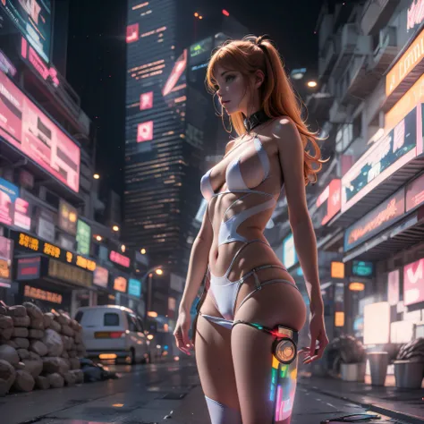 ((hiperrealista)), ((cinematic scene)), Asuka Langley Shikinami, grabbing her breasts, In a futuristic city at noon, Llevar un traje transparente, trasero perfecto, ((vista del trasero)), ((vista desde un lado, vista desde abajo)), ((pechos desnudos)) (Sid...