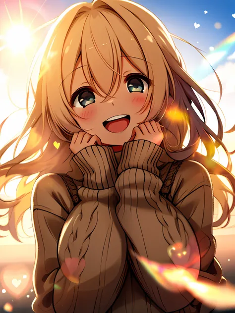 a girl, cosy sweater on, upper body, (huge Laughing:1.1), (open mouth:1.1), (wide open eyes:1.2), sun glare, bokeh, depth of field, blurry background, light particles, strong wind, (heart particles:1.1)