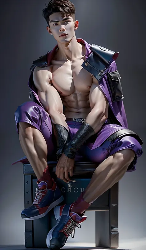 model design，sculpture design，libido boy，sit on a bear toy，handsome，the clothes are blue and purple，red colour，musculous，expose ...