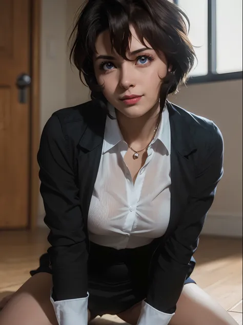 ((Masterpiece)), (high resolution:1.4), (sitting on the floor:1.5), (dynamic pose:1.4), (erotic pose:1.4), smile, 1girl, irene vincent, 1girl, short hair, black hair, bangs, sidelocks, blue eyes, looking at viewer, dark skin, large breasts, collared shirt,...