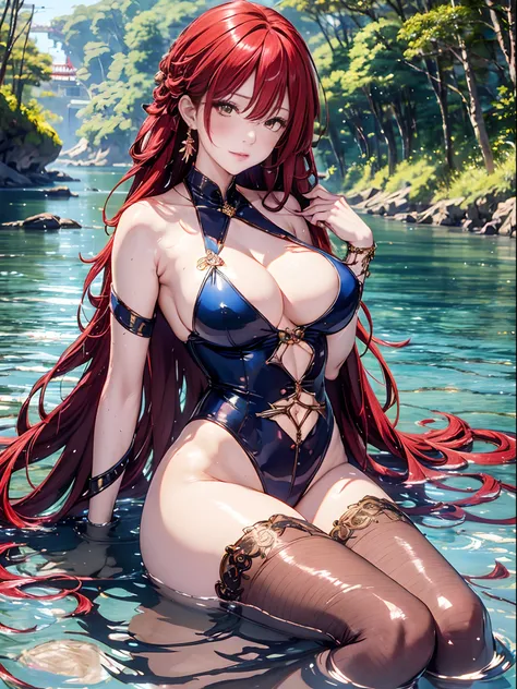 （Enrich the picture，Masterpiece level quality）Beautiful 8K CG artwork，Goddess-like posture，sittinng on the river，Postural exercises，Slim and soft，Translucent skin，Red hair、The beauty of extra-long hair, Super Long Straight Hair，The skin is fair and juicy，B...