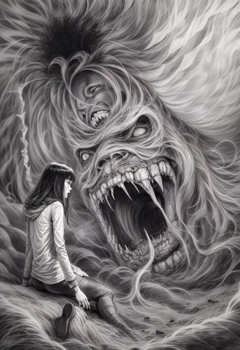 a black and white drawing of a monster eating a woman on the ground, junji ito artwork, in style of junji ito, art style of junji ito, junji ito style, horror manga, yoshitaka amano and junji ito, junji ito and greg rutkowski, junji ito undertones, inspire...