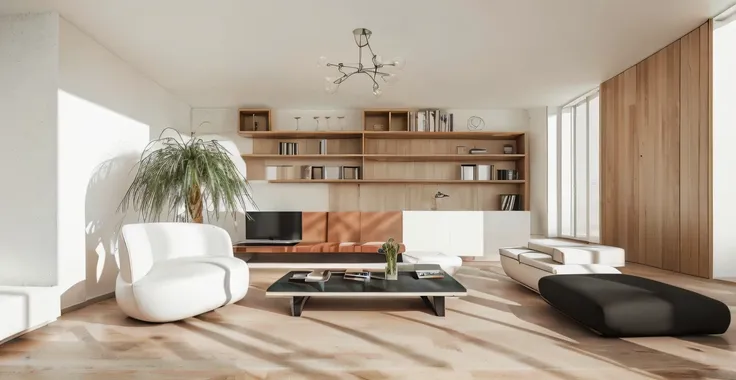 A realistic living room with dark red armchair, glass table, white sofa on the right, glass behind sofa, wooden plank floor, cement roof, summer afternoon, realistic furniture, sunny ambient